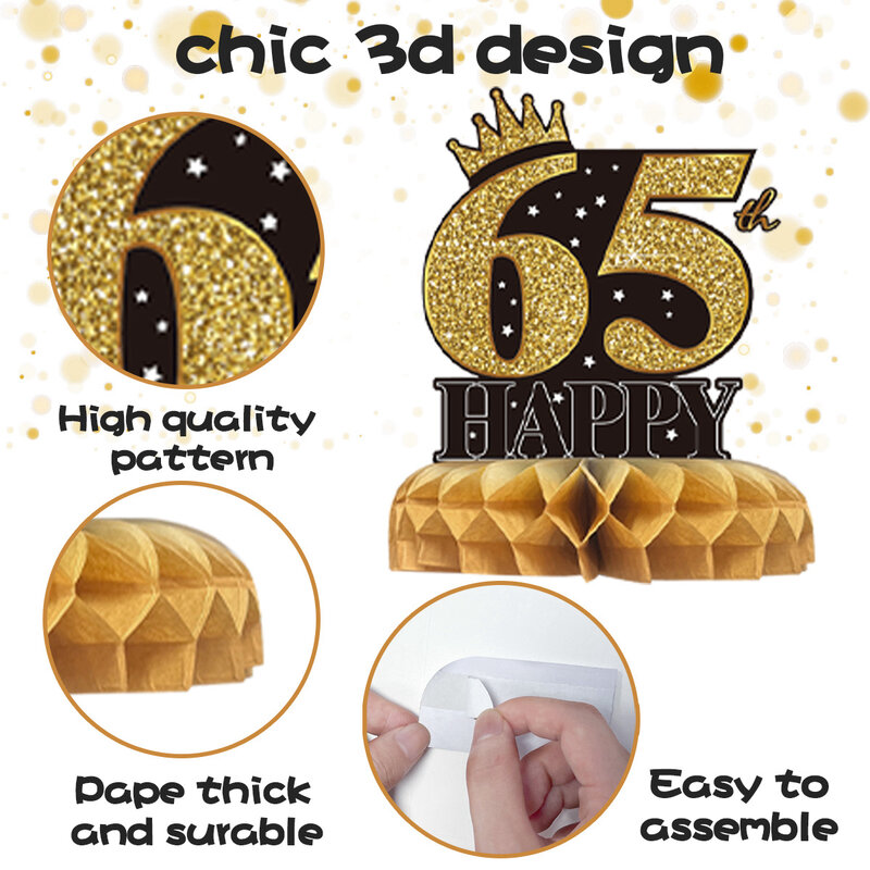 Honeycomb Paper Birthday Party Decorações, 65 ° Aniversário Ornamentos, Preto e Ouro, Decorações Festival
