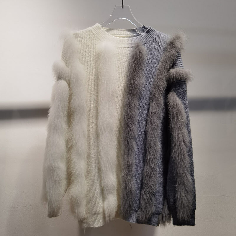 女性のためのキツネの毛皮のコート,ゆったりとしたニット,高品質の冬のファッション