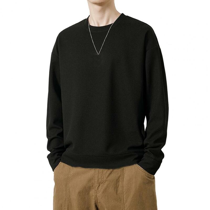Camiseta de manga comprida masculina, pulôver macio e respirável, cor sólida, outono, primavera
