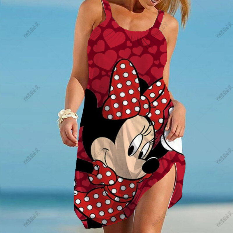 Bez rękawów Casual Boho sukienka bez rękawów pokrowce Sexy Disney Mickey sukienka nadruk z myszą sukienki dla kobiet plażowe T Shirt sukienki