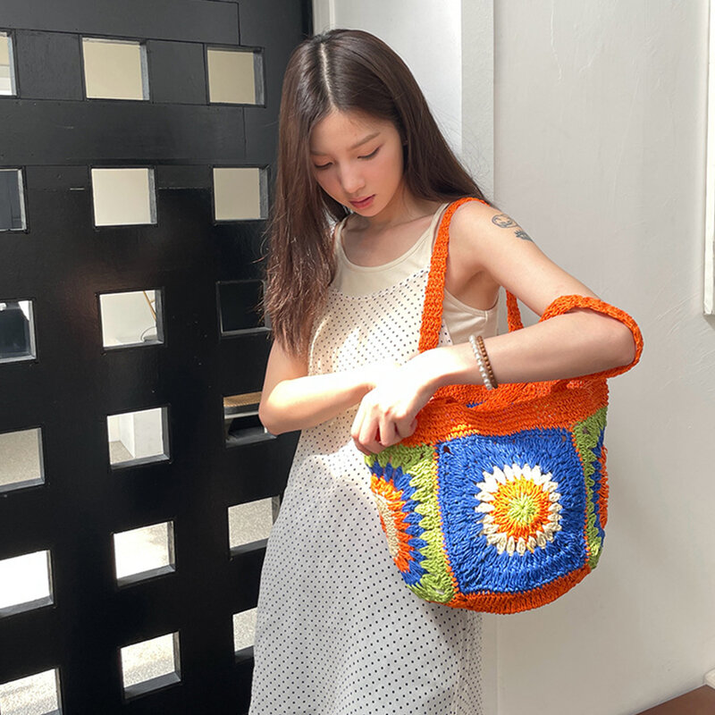 Bohemian Flower Woven Straw Bag Crochet Woven Handbags Candy Color Beach Bags for Woman Paper Rope Shoulder Bag Travel Tote Chic