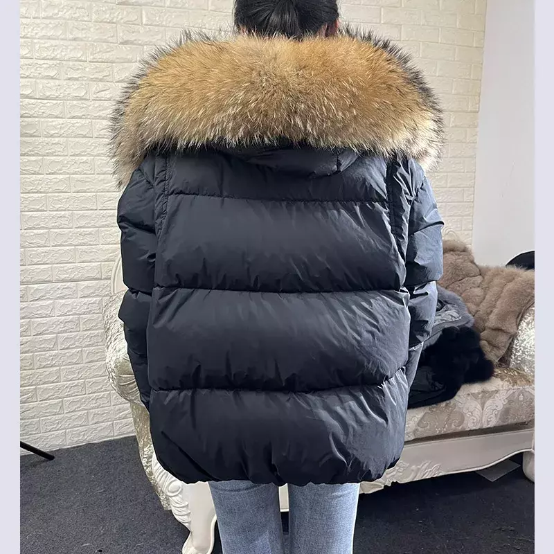 MAOMAOKONG 2024 biała kurtka puchowa zimowa damska ciepła luźna kurtka naturalna kołnierz z prawdziwego futra lisów gruba luksusowa odzież wierzchnia