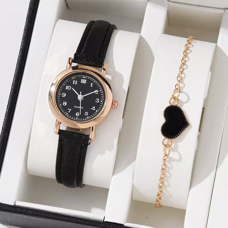 [Бесплатный браслет] Женский Модный повседневный кожаный ремешок для часов, кварцевые часы, браслет, комплект из двух предметов