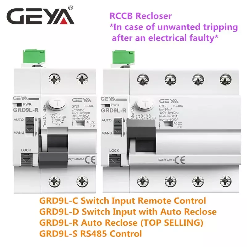 GEYA GRD9L 6KA ELCB RCCB Automatic Reclosing Device Remote Control Circuit Breaker 2P 40A 63A 30mA 100mA 300mA RCD AC Type