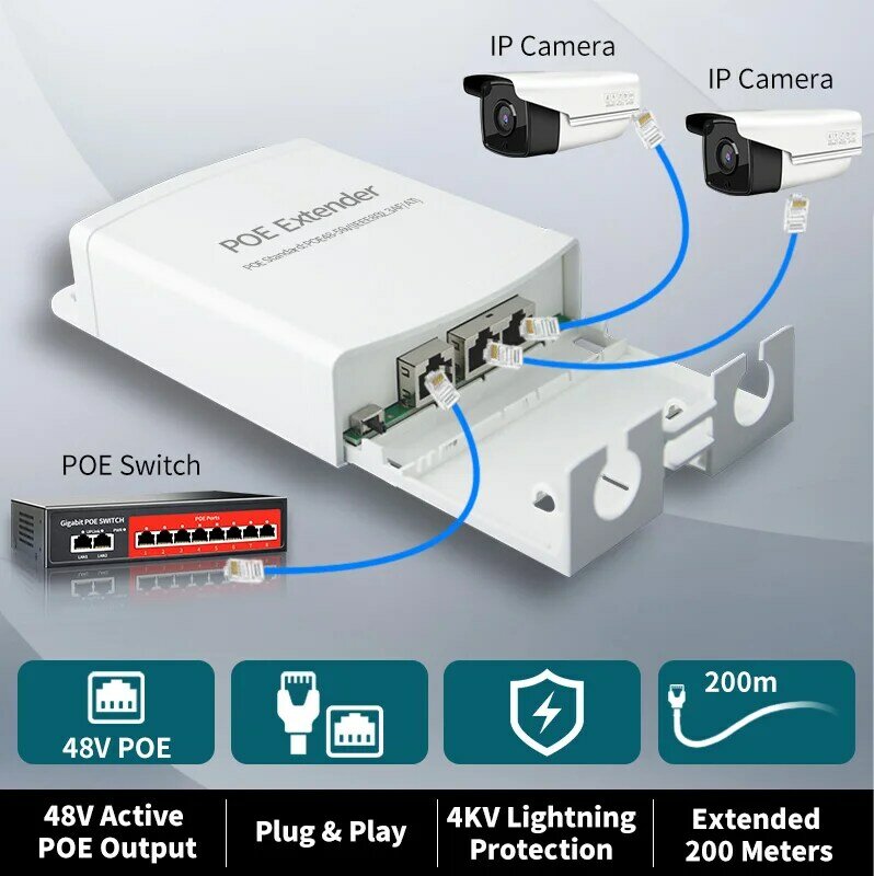 STEAMEMO-Repetidor PoE Impermeável, Extensor para Câmera POE, Interruptor Reverso, PoE Switch, POE 802.3AF, AT Padrão, 100Mbps, 1, 2, 4 Portas