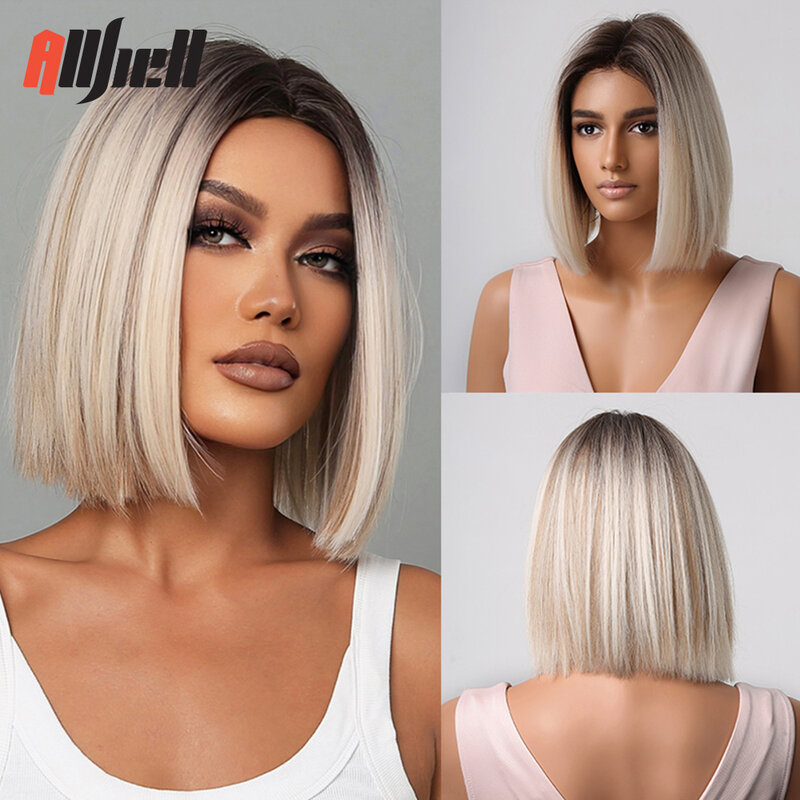 Brown Blonde Ombre Synthetic Wigs Short Straight Bob Wigs for Women Middle Part Lolita Cosplay Natural Hair Heat Resistant Fiber