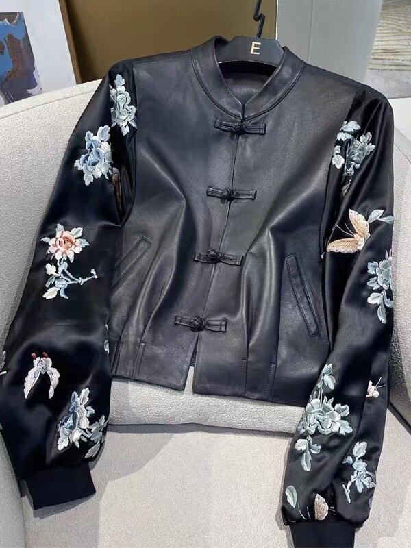 2024 New Arrival  Chinese Style Women Genuine Sheepskin Leather Embroidery  Jacket