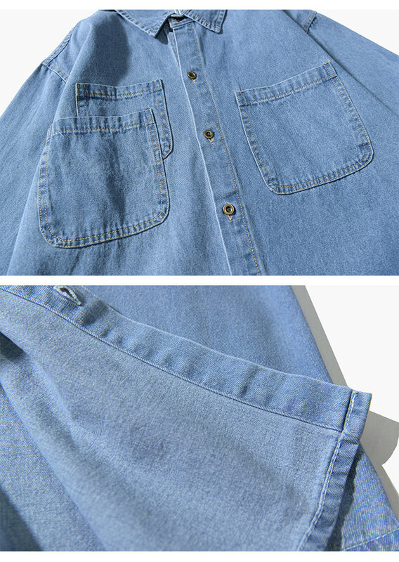 Camisa jeans de algodão lavável masculina, fundo de arco, camisa macia e confortável, blusa universitária varsity, camisas azuis, primavera, 2024