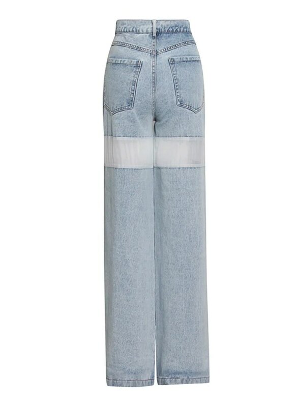 ROMISS Casual Straight Denim Pants For Women High Waist Patchwork Sheer Mesh Hit Color Floor Length Pant Female Fashion Clothes