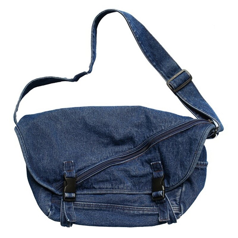 Bolsa de mensajero de mezclilla lavada para hombres y mujeres, bolso de hombro deportivo para estudiantes de calle con personalidad, azul oscuro