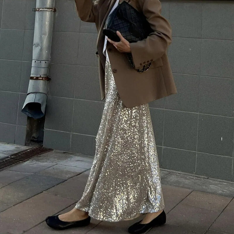 Modna spódnica z cekinami dla kobiet Eleganckie długie spódnice z wysokim stanem Office Lady Casual Loose Skirt Street Wear