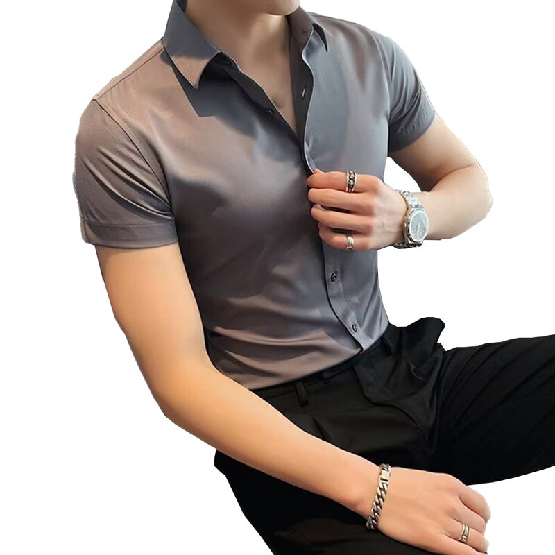 1 шт., Мужская Однотонная рубашка с короткими рукавами, из полиэстера