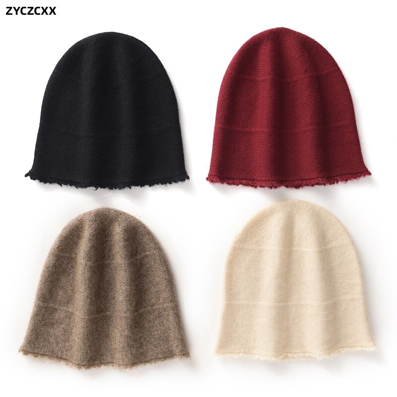 ZYCZCXX 100% topi wanita kasmir murni topi polos rajutan hangat wanita 2023 baru musim dingin luar ruangan topi pinggiran modis tahan angin