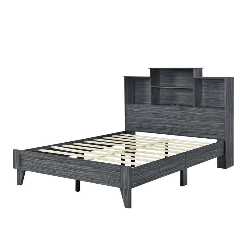 Full Size Storage Platform Bed Frame with 4 Open Storage Shelves and USB Charging Design, Gray