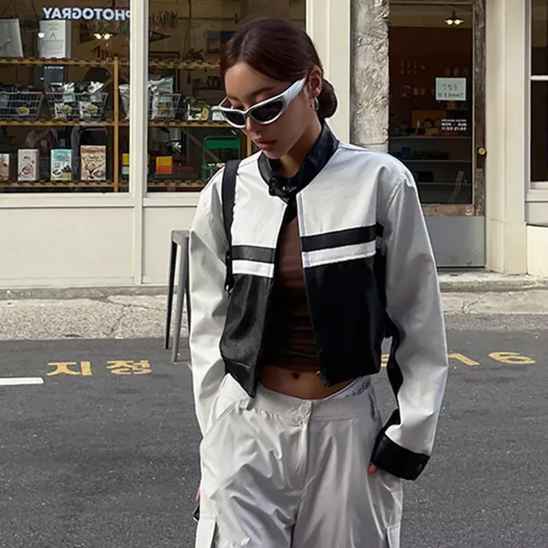 Jaqueta feminina de couro PU com fecho de correr, moda streetwear coreana, casaco preto e branco contrastante, tops Y2K, casacos novos