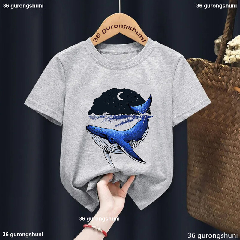 Maglietta stampata Dolphin Moon per ragazze/ragazzi vestiti divertenti per bambini maglietta bianca/rosa/blu/grigia maglietta estiva moda top