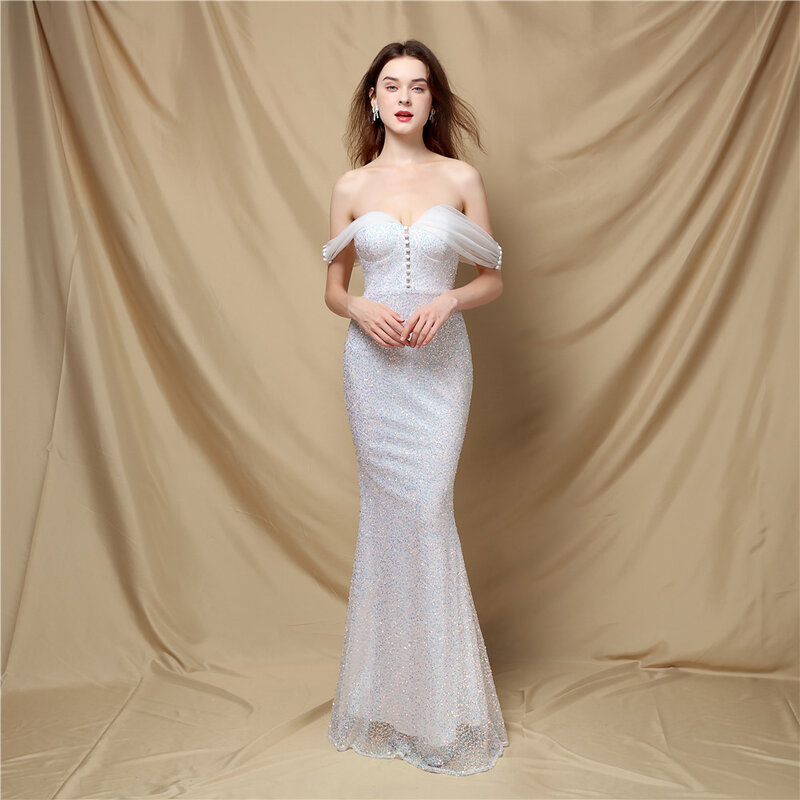 White Blue Mermaid Prom Wedding Dress Glitter Sequins Sexy Off Shoulder Button Robe De Mariée Formal Pageant Party Evening Gown