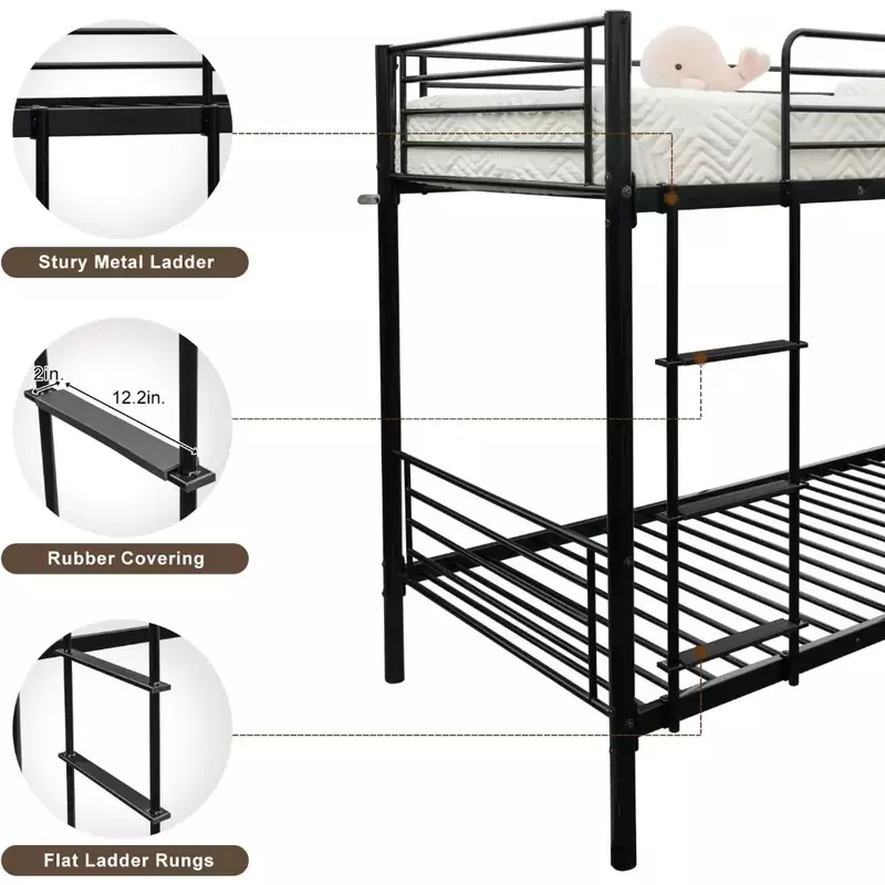 Children's Bed Frame, Flat Ladder and High Guardrail, Metal Bunk with Stairs, Children's Bed Frame