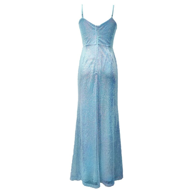 Gaun Maxi ramping payet biru gaun pesta Prom panjang Bodycon selempang leher V seksi wanita gaun malam Glitter elegan