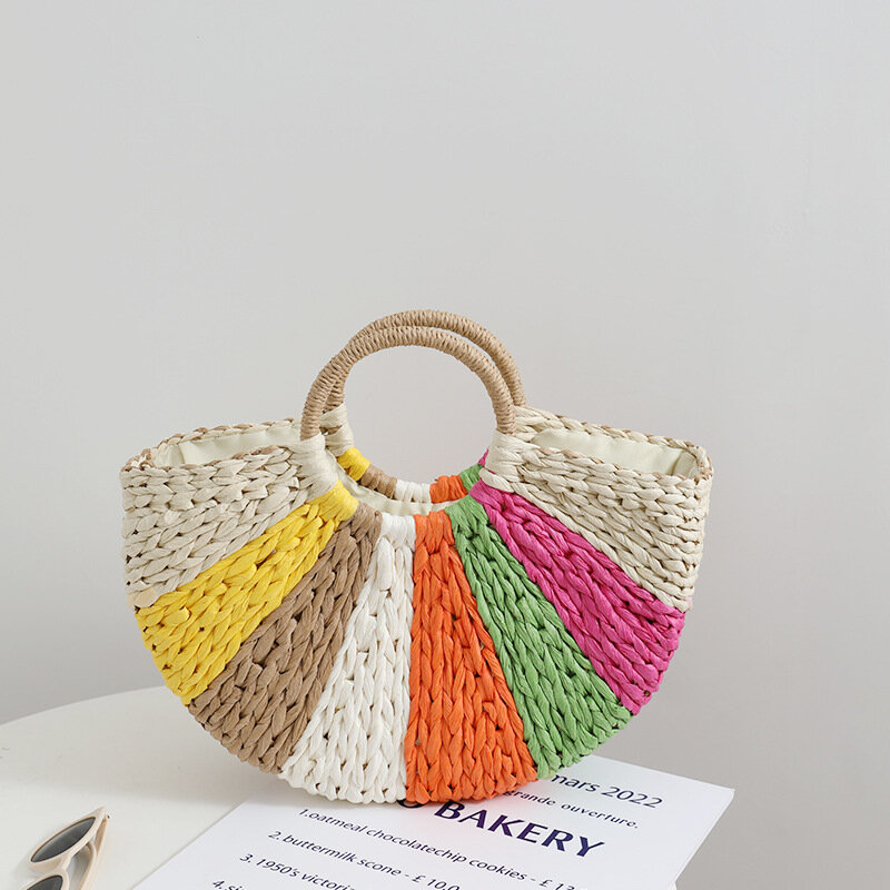 Rainbow Color Straw Bag 2024 New Summer Semi-Circle Hand-Held Straw Bag Woven Bag Seaside Holiday Beach Bag