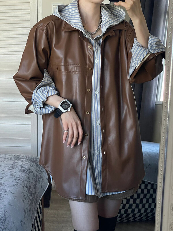 Jaqueta de couro de manga comprida feminina, casaco vintage, botões sobretudo, streetwear casual, senhoras, outono, inverno