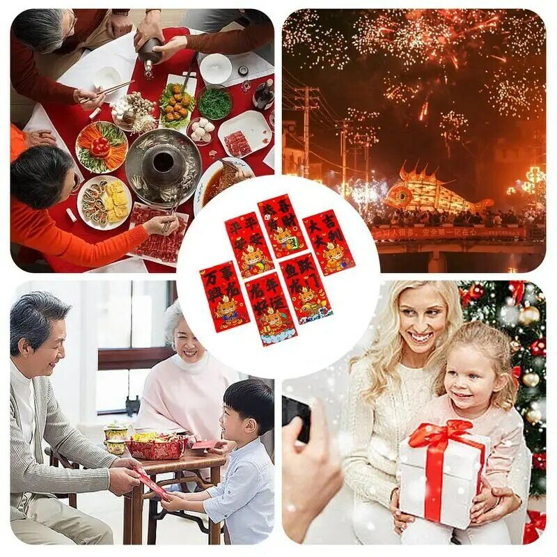 Enveloppes de poche d'argent porte-bonheur pour l'année du dragon, nouvel an chinois, rouge, 6 styles, 2024