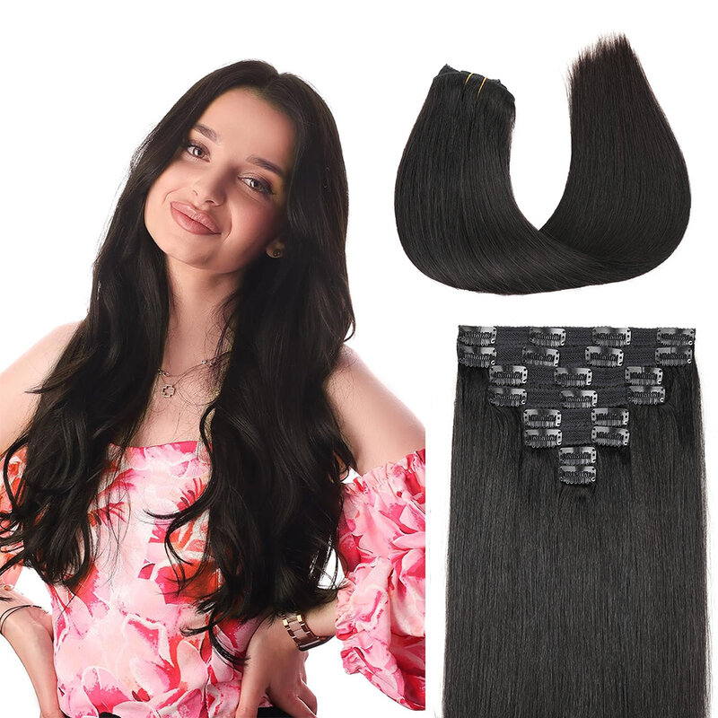 8Pcs Straight Clip In Hair Extension Human Hair Full Head Clip Ins Seamless Double Weft Clip In Hair for Women Natural Black #1B