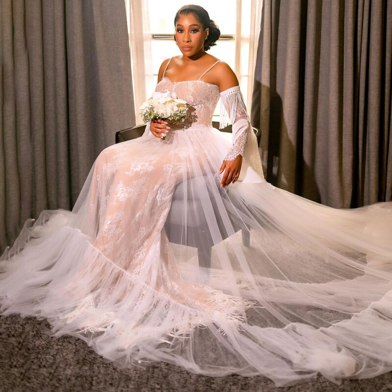 Abnehmbare lange Flare Ärmel Dubai Brautkleider Rüschen Saum Spitze Unterlage Quasten Korsett zurück Luxus Arabisch modernes Hochzeits kleid