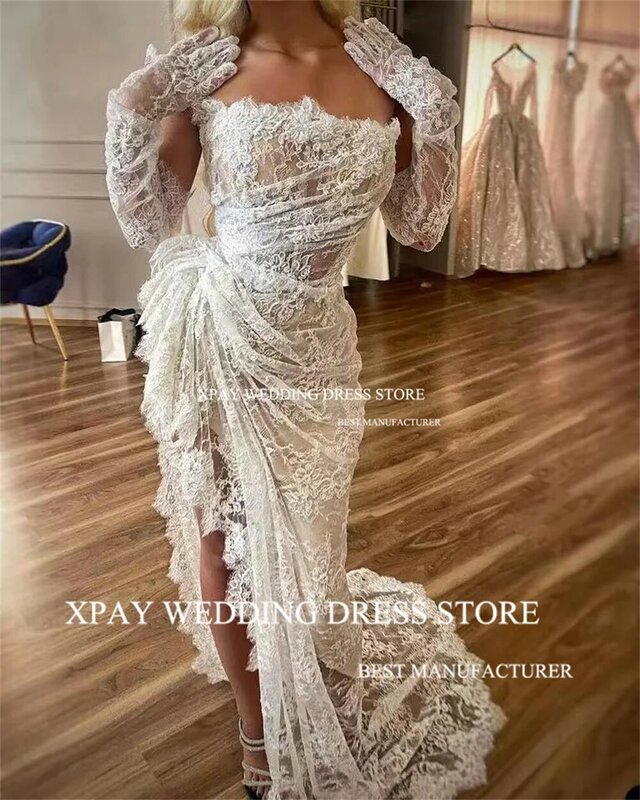 XPAY кружевное свадебное платье без бретелек с вырезом лодочкой и юбкой-годе сексуальное Плиссированное свадебное платье с высоким Боковым Разрезом длинные кружевные перчатки свадебное платье