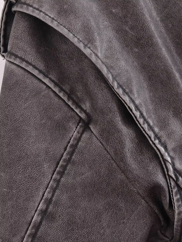 Chaqueta de cuero lavado para mujer, abrigo corto con cremallera descendente y solapa Vintage, color marrón, nuevo estilo, 2023