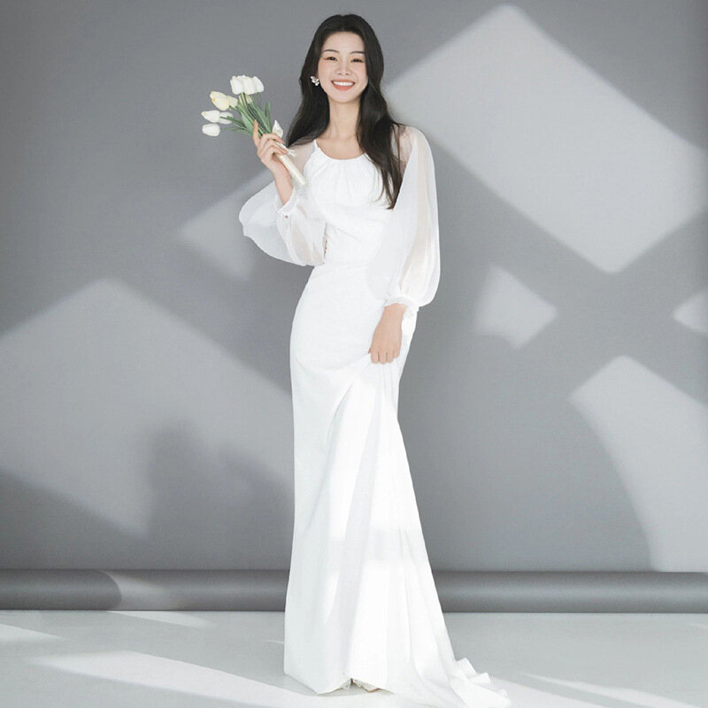 2024 Elegant Wedding Dress With Small Train Illusion Long Sleeve Sweet Bridal Dress  Classic O-neck Soft Satin Reception Dress