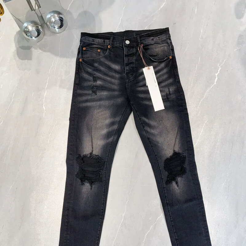 Ungu ROCA merek Jeans Fashion kualitas tinggi jalan hitam lubang perbaikan rendah naik kurus Denim celana 28-40 ukuran