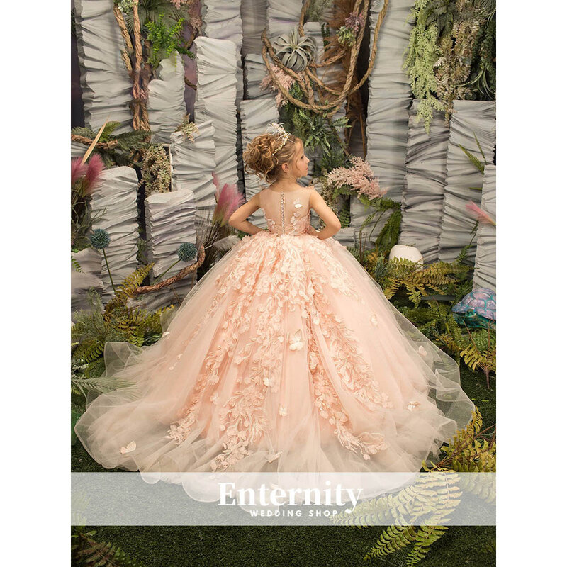 Princesse Enfant-Vestido Flower Girl com Apliques, Costas Ilusionais, Renda A, até o chão, Botão, Decote redondo, Crianças