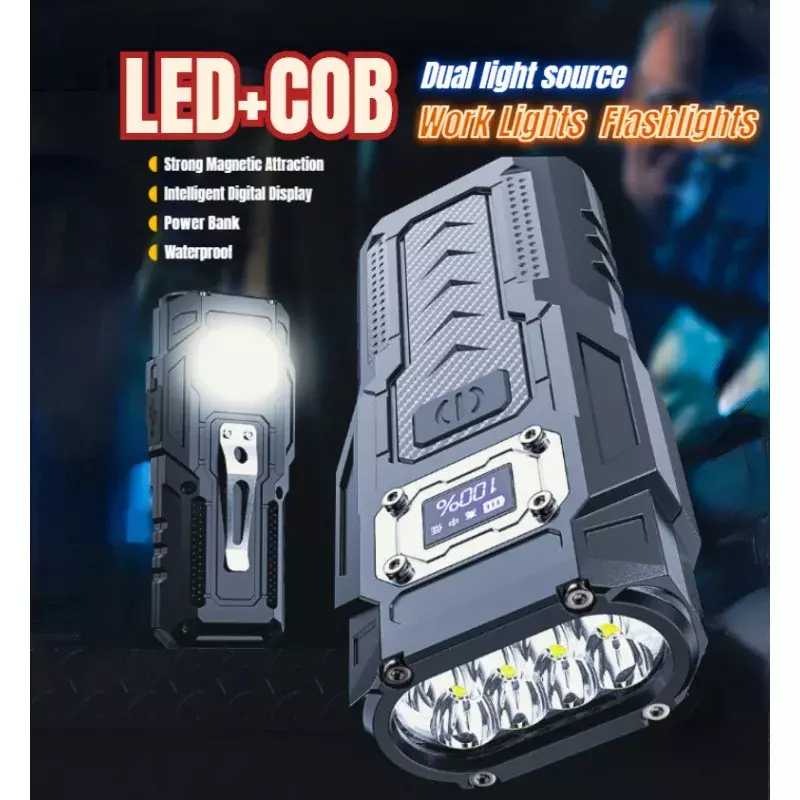 Lanterna com clipes de aperto, LED forte + COB, Power Bank, portátil, luz de trabalho multifuncional, tocha de resistência ao ar livre