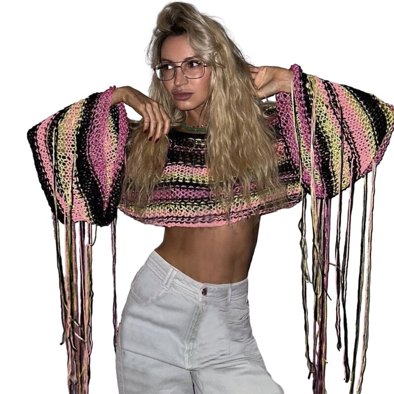 Женские разноцветные свитера с кисточками Трикотаж Одежда 2000года Бахрома Укороченные топы