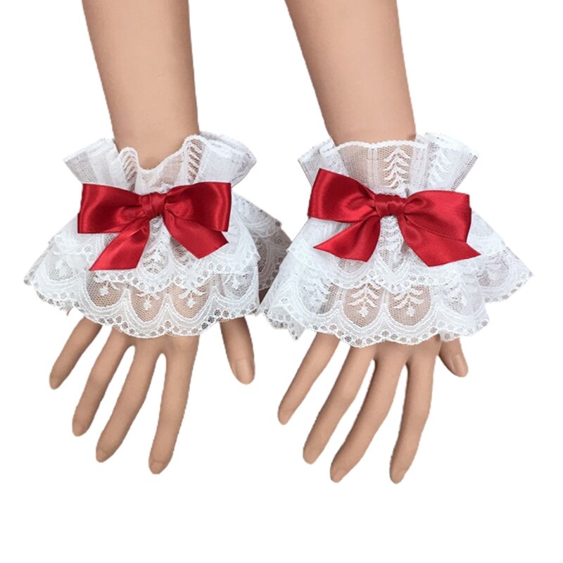 Pulsera de Cosplay de Lolita para mujer, manga de mano, puños de muñeca, volantes, lazo de encaje, Maid