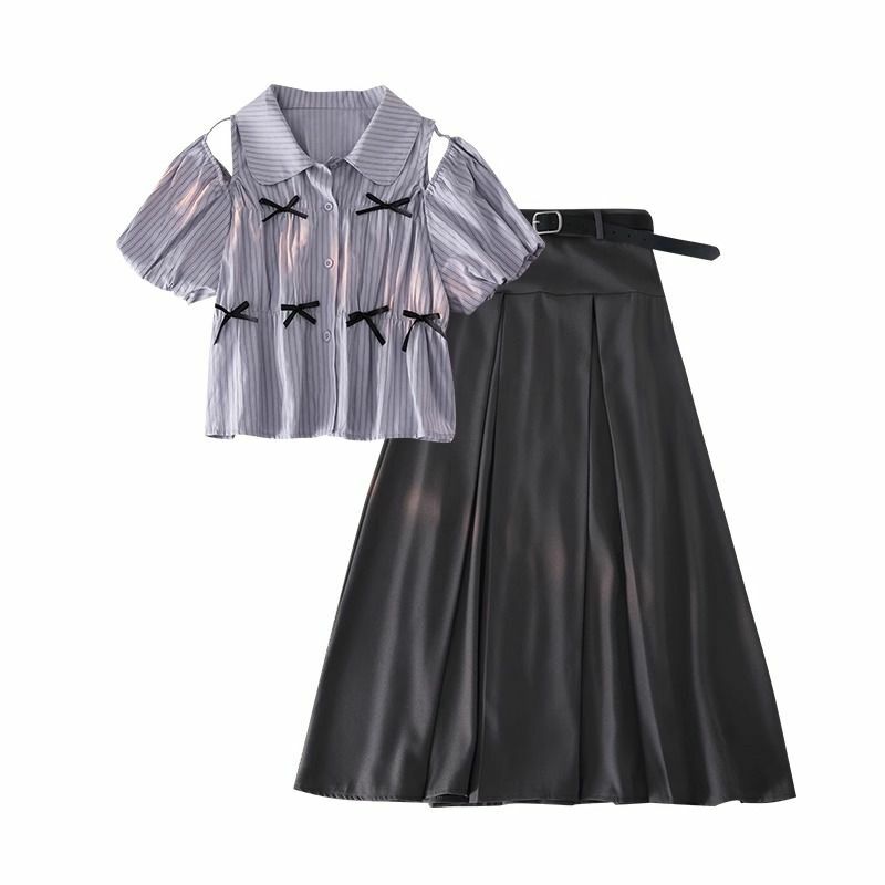 Academy Style-Conjunto de dos piezas para mujer, camisa a rayas de manga Lazo y burbuja con hombros descubiertos, falda adelgazante e informal, nicho francés