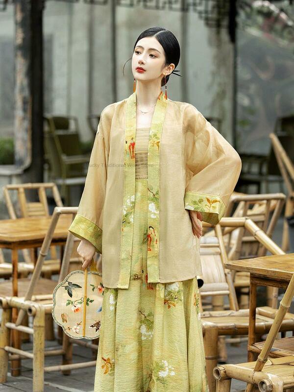 Novo Estilo Chinês Hanfu Melhorado Mulheres Qipao Set Estilo de Pintura Impresso Cardigan Suspender Vestido Diário de duas peças Vestido Set P1
