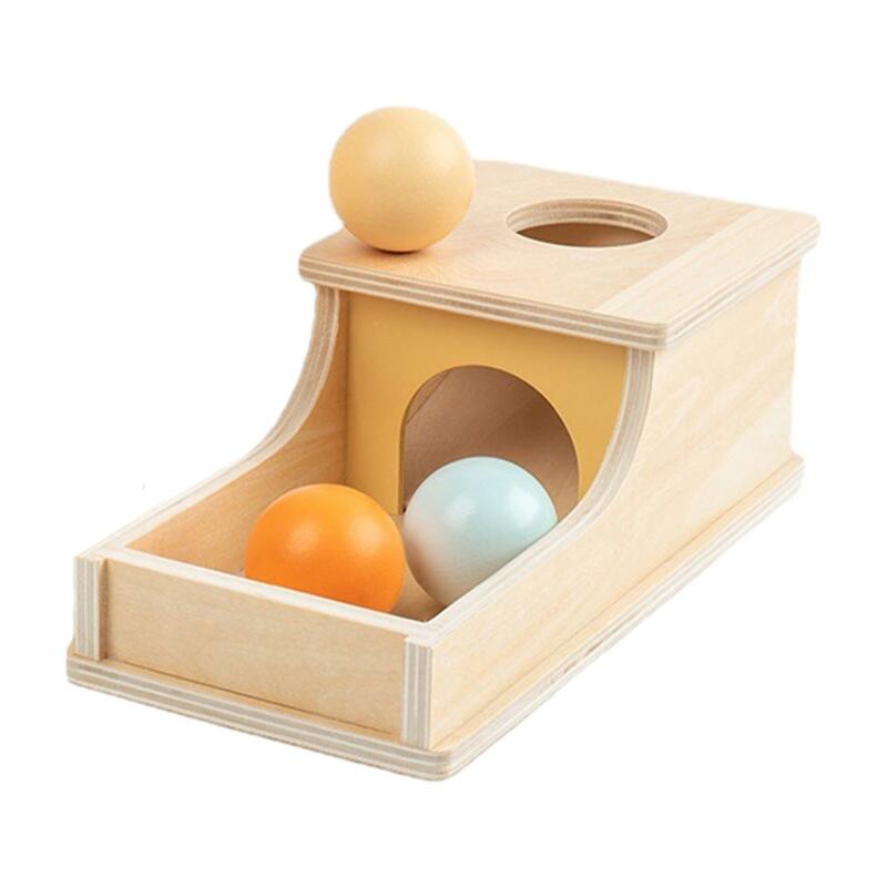 Houten Object Permanence Box Met Lade Drie Ballen Montessori Speelgoed Bal Drop Box Voor 6-12 Maand