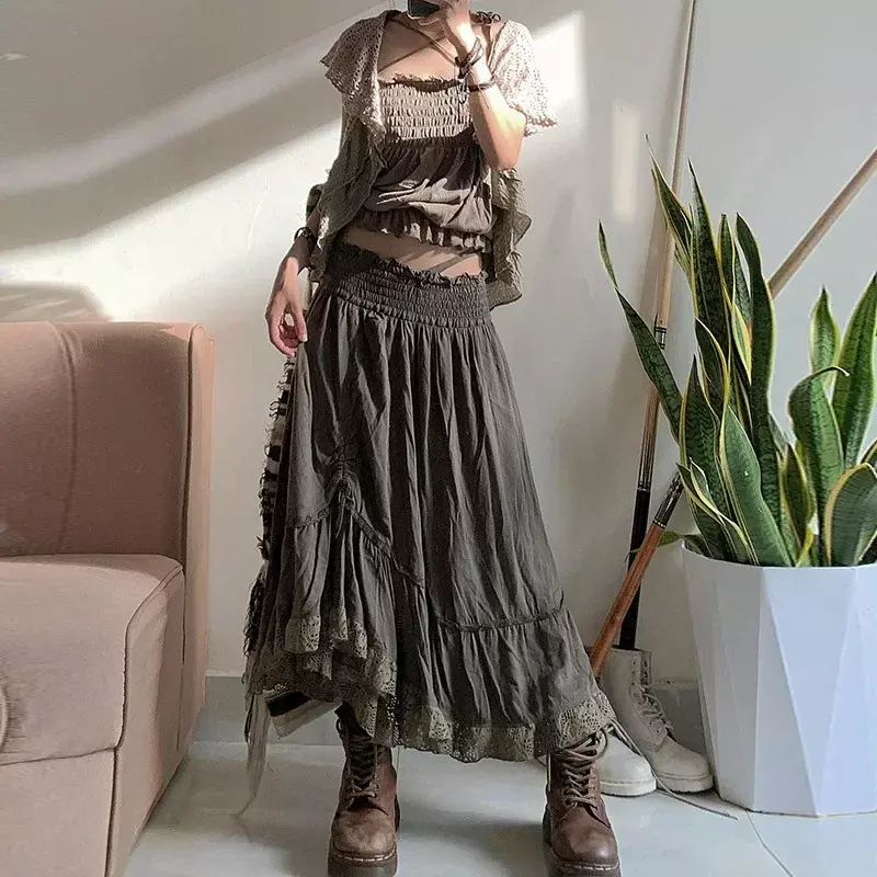 Faldas plisadas con volantes de Fairycore para mujer, faldas Midi bonitas con ribete de encaje, faldas Prepply Chic coreanas Harajuku, y2k