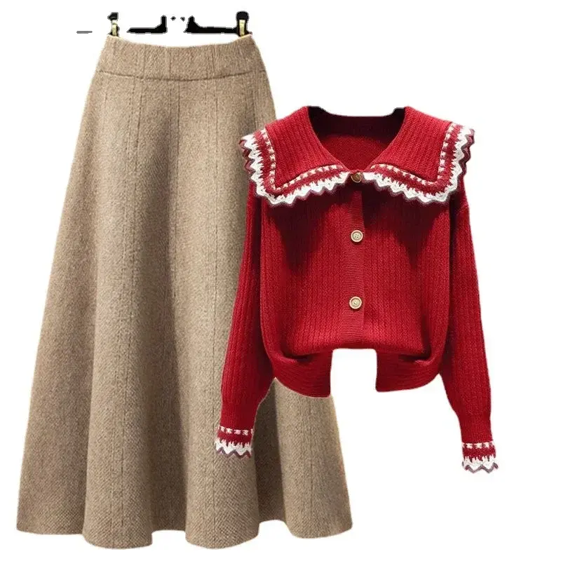 Oversized damski jesienny komplet 2023 nowy luźny sweter redukujący wiek wysoki stan szczupły pół spódniczka dwuczęściowy zestaw mody