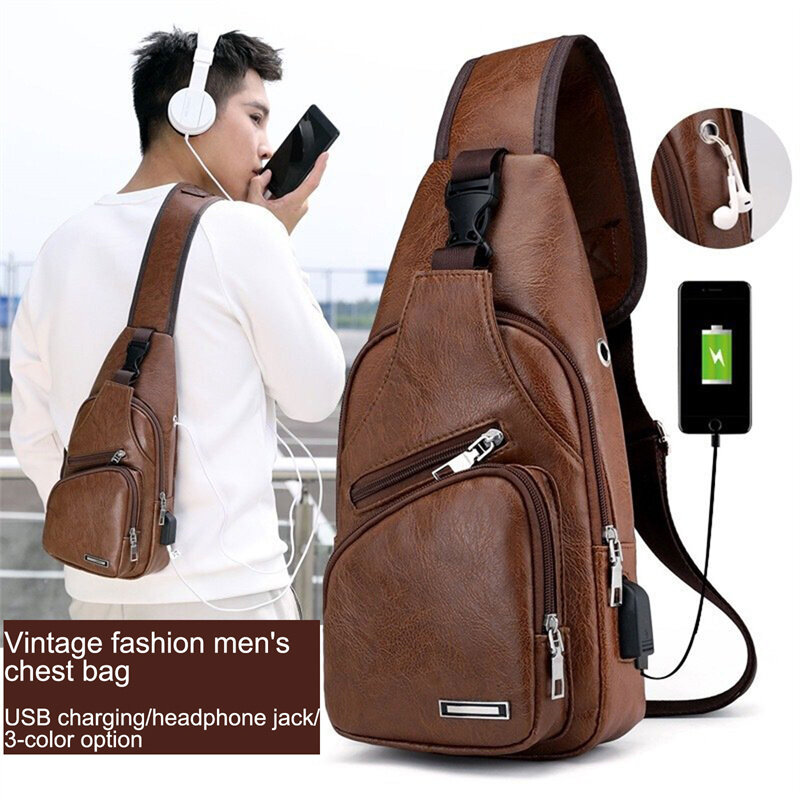 กระเป๋าคาดอดมีที่ชาร์จ USB พร้อมชุดหูฟัง Men Multifunction Single สายคล้อง Anti-Theft กระเป๋าปรับ Tali Bahu