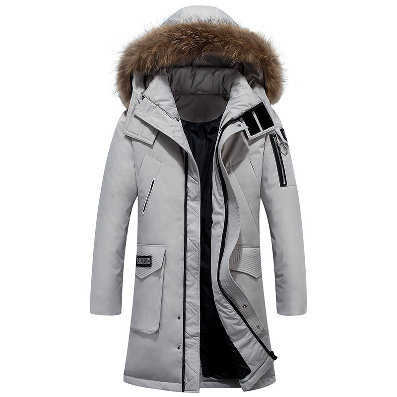 Jaket panjang bertudung pria, jaket tebal kerah bulu rubah asli, mantel Parka panjang hangat Mode Musim Dingin 2023