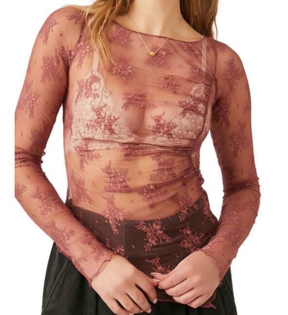 Lace top sexy hollow out casual long sleeved mesh bottom shirt