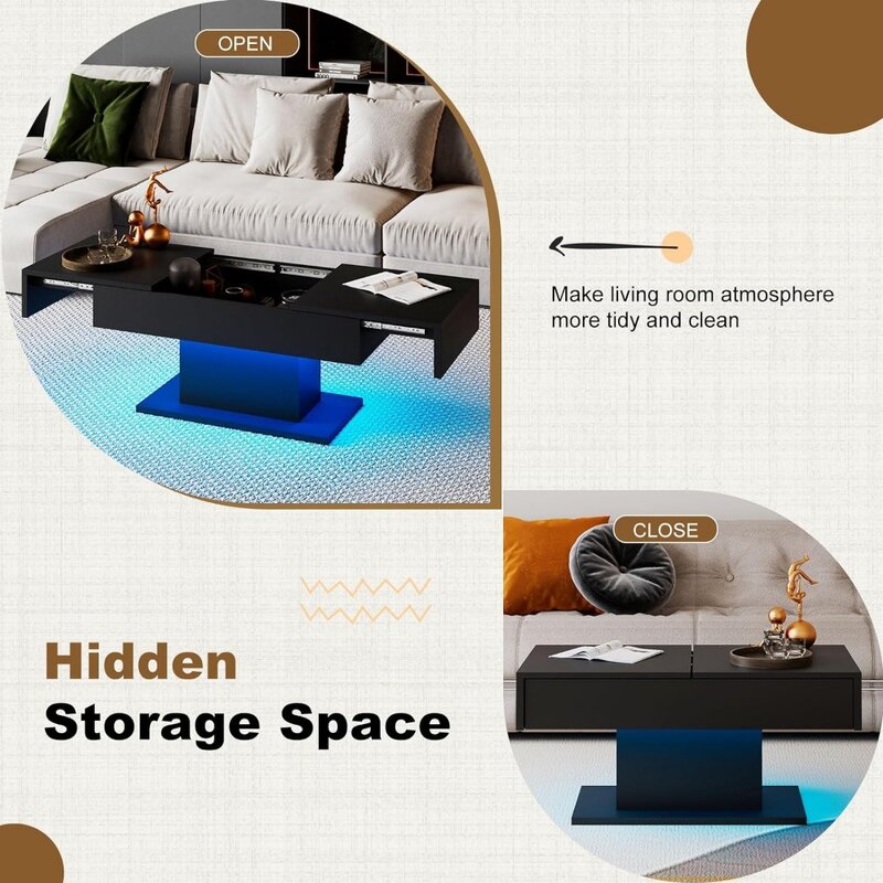 (Frühlings verkauf) LED-Couch tisch, Schiebe platte mit Stauraum, moderner Stil, versenkbarer Couch tisch