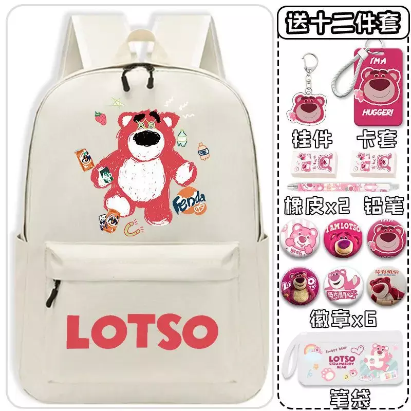 Sanrio Strawberry Bear Schoolbag dos desenhos animados, grande capacidade, mochila leve infantil, homens e mulheres estudantes, nova