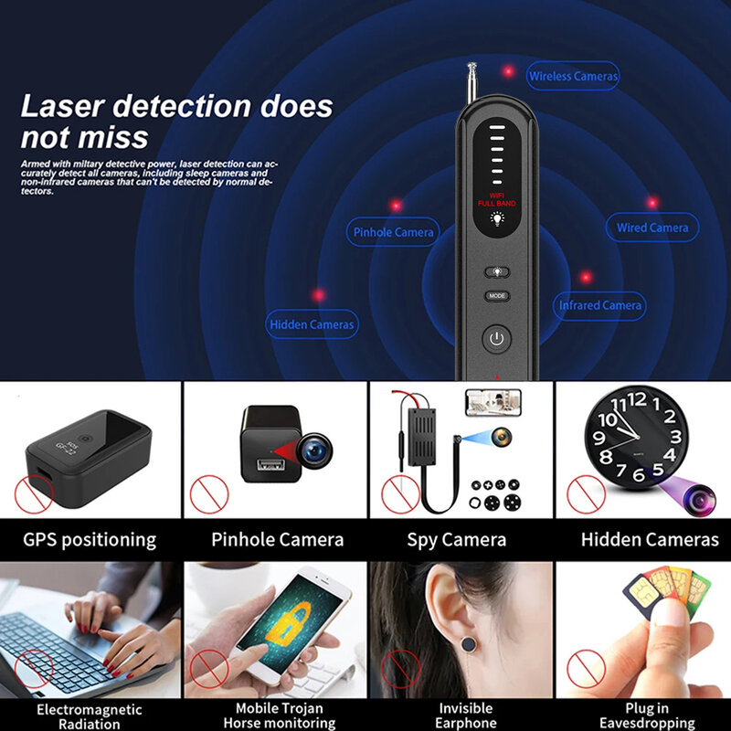 Detector de cámara oculta, dispositivo de escucha, rastreador de señal electrónica antiespía, 5 niveles de sensibilidad, escáner de señal inalámbrico para el hogar