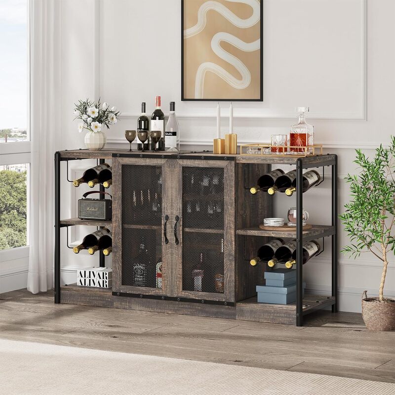 Armario de Bar de vino, barra Industrial esquinera de 55 pulgadas con estante para vino, armario de Buffet de granja, bares y armarios de vino para licor y Vasos