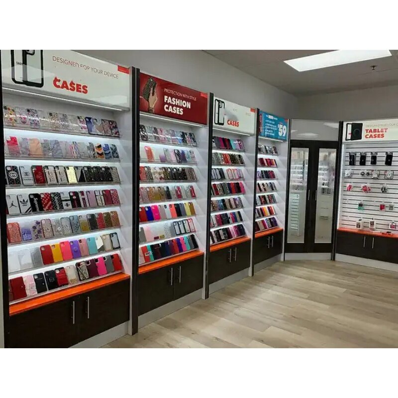 Soporte de pared de varios niveles para exhibición de teléfono móvil, accesorio personalizado de gama alta con luz led, diseño de tienda de teléfono móvil