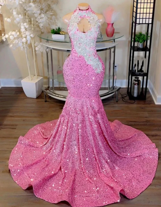 Luxury Long Prom Dress 2024 Sexy Mermaid Sparkly Pink Sequin Black Girls Crystals Evening Formal Gala Party Gowns Robe De Soiree